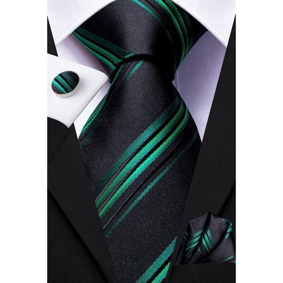 Mens Black Tie Set Solid Paisley Necktie Pocket Square Cufflinks Formal Silk - Picture 3 of 6